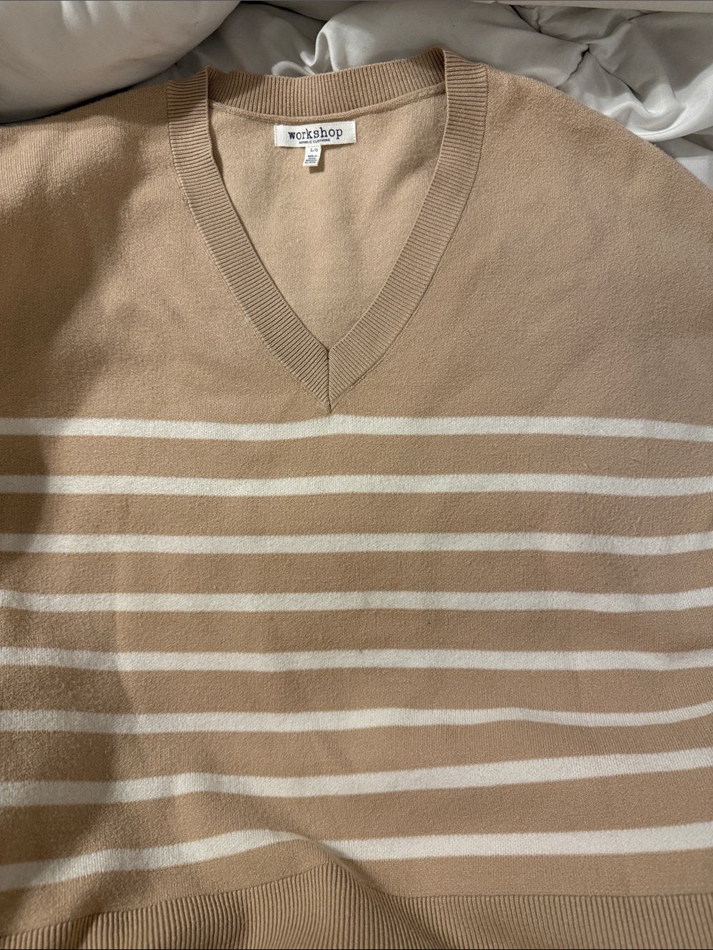 Workshop Tan & White Striped V-Neck Sweater